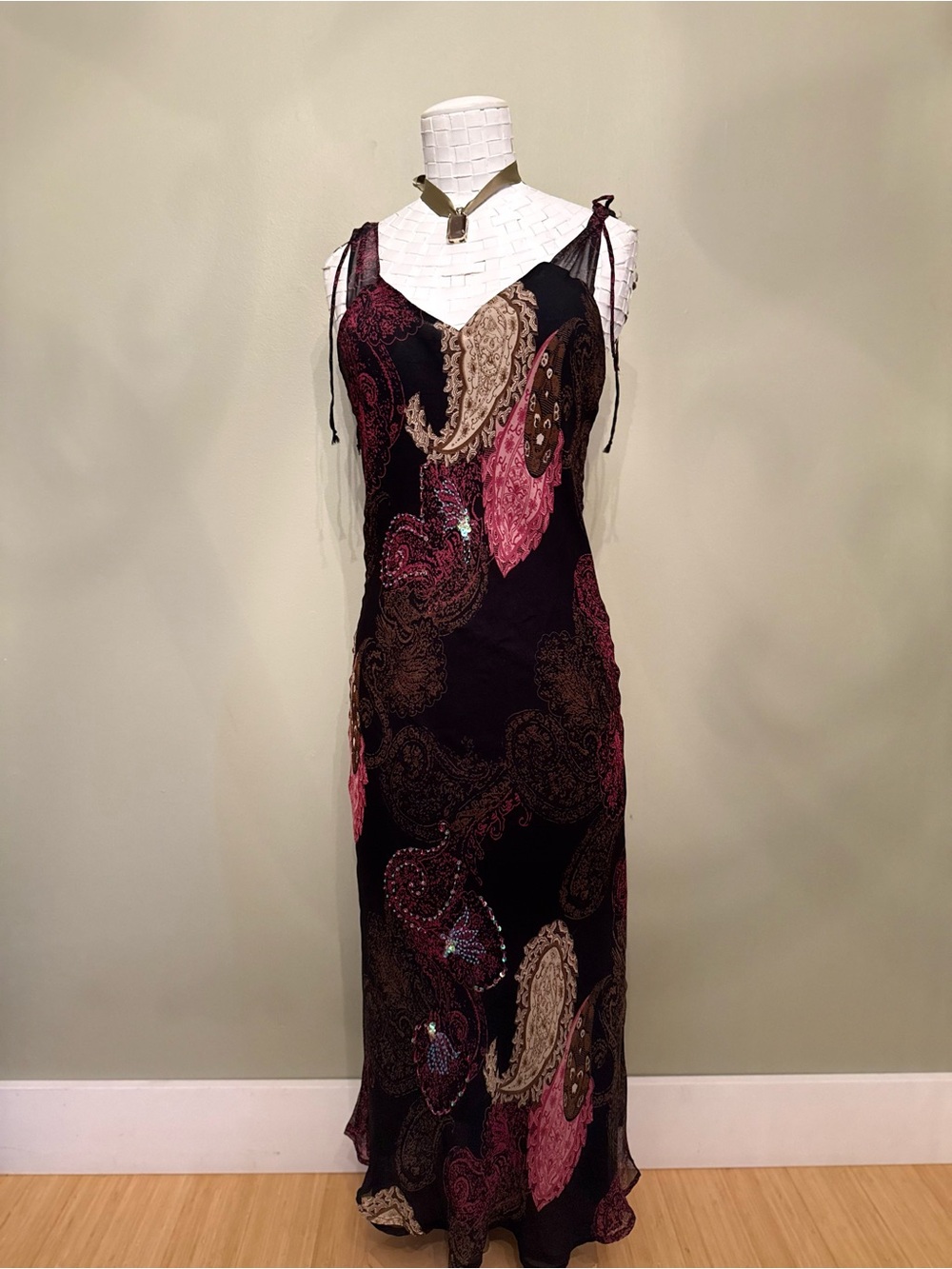 LAPIS Vintage Y2K Paisley Beaded Midi Maxi Dress - Tie Shoulder Mesh Small